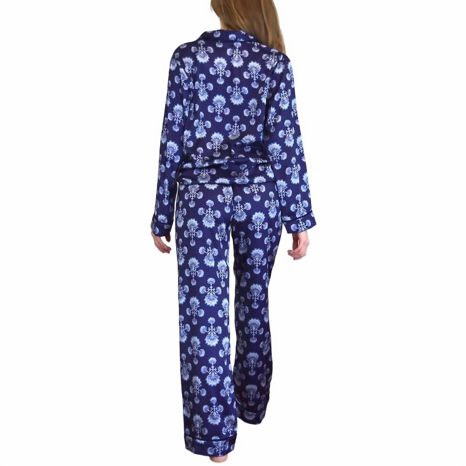 Fan Satin Pant Pj Set In Navy Odor Resistant Tech
