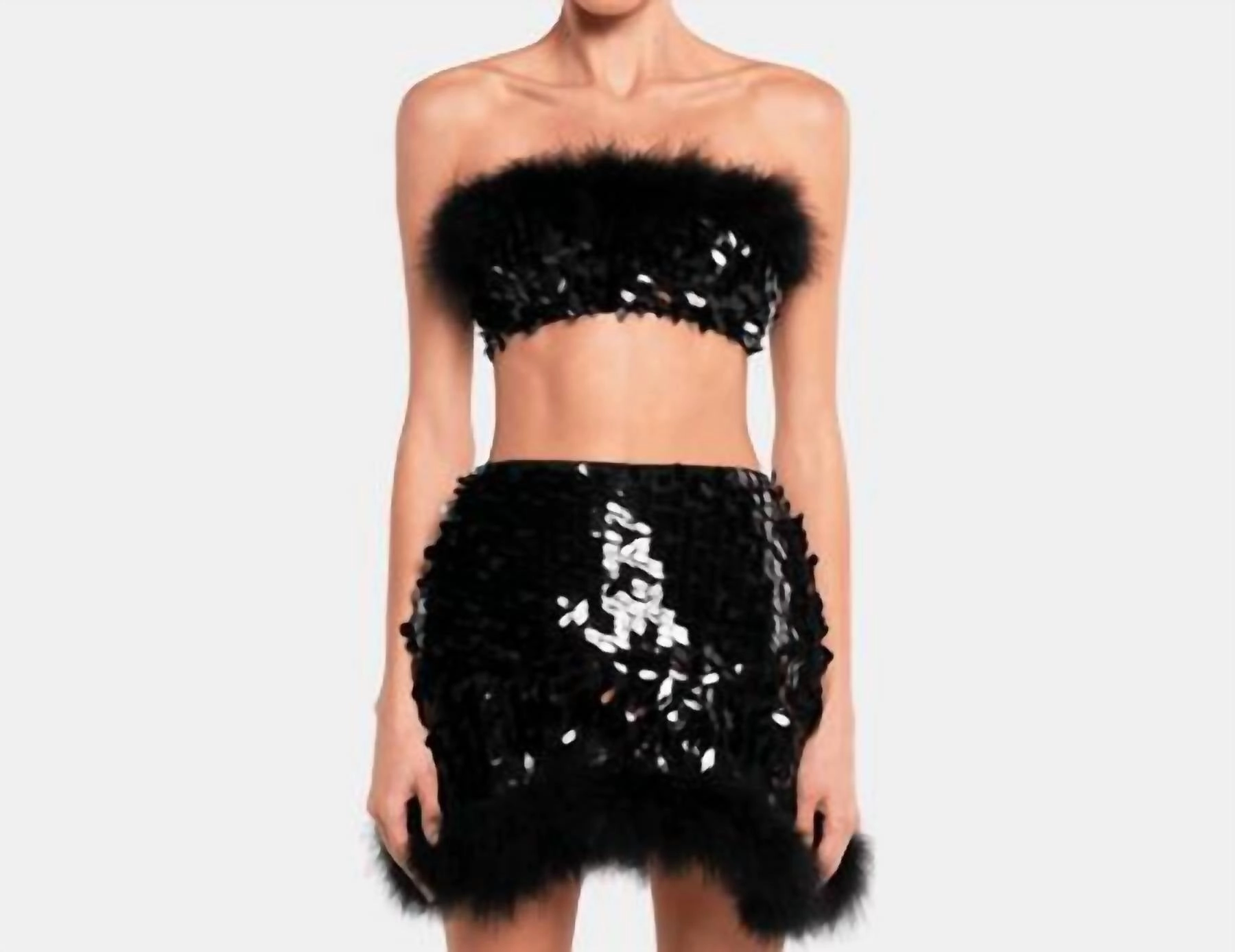 Durable Reinforced Seams Reversible design Virgo Sequin Feather Top And Skirt Set In Black