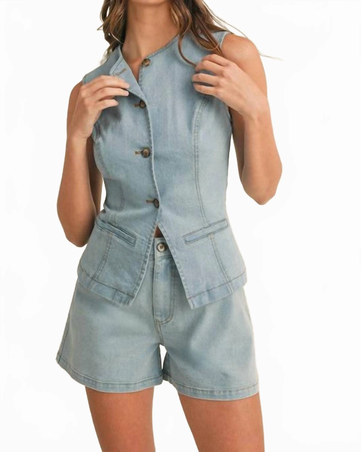 Jade Stretch Denim Tailored Top & Shorts Set In Blue Zero Irritation Finish