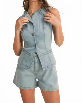 Jade Stretch Denim Tailored Top & Shorts Set In Blue Zero Irritation Finish