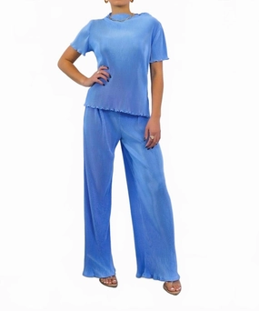 Adjustable drawstring Pleated Mock Neck Short Sleeves Pant Set In Blue