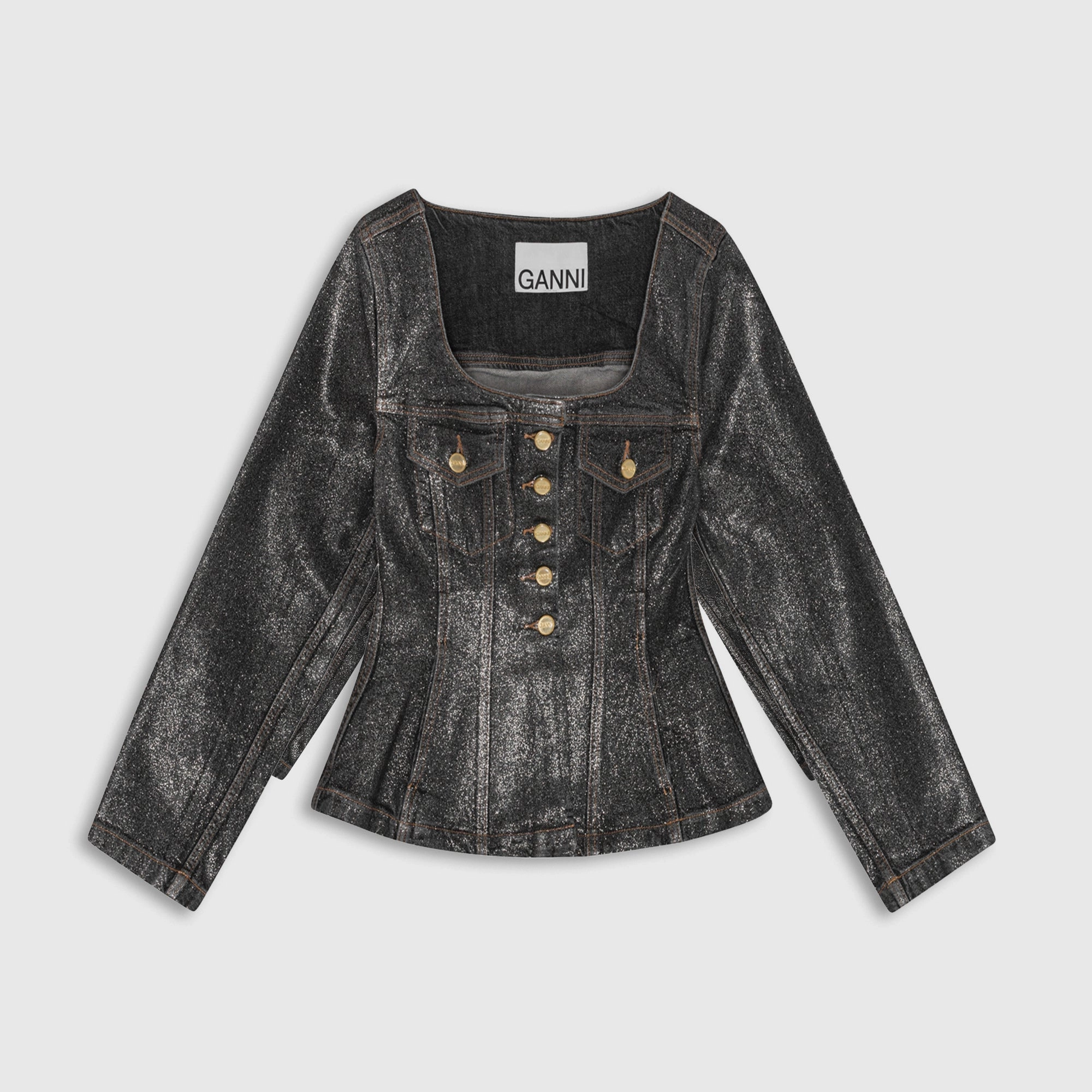 Ganni Shimmery Foil Denim Fitted Blazer - Washed Black Urban Outdoor Look