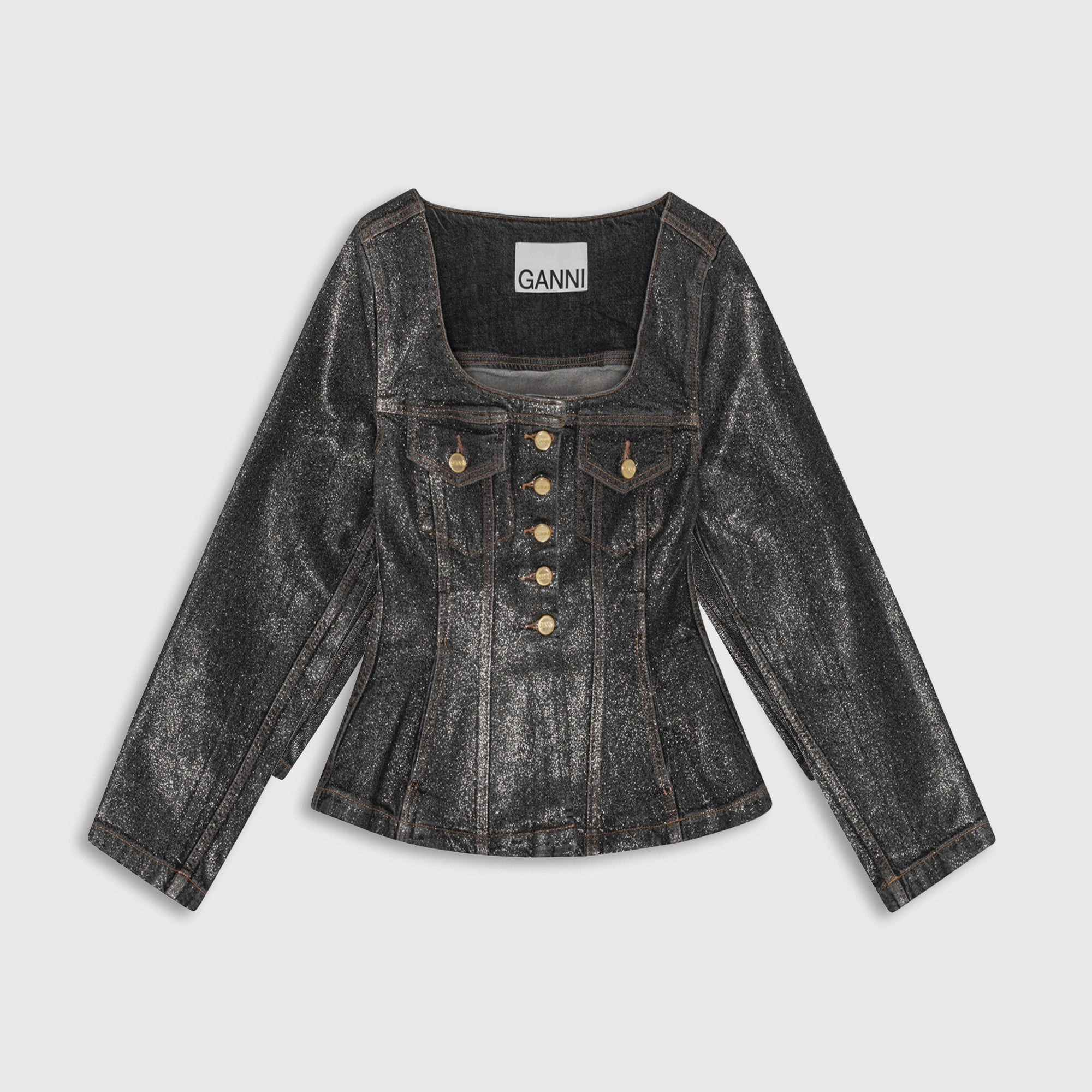Ganni Shimmery Foil Denim Fitted Blazer - Washed Black Zipper Closure Mechanism