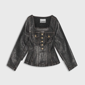 Ganni Shimmery Foil Denim Fitted Blazer - Washed Black Urban Outdoor Look