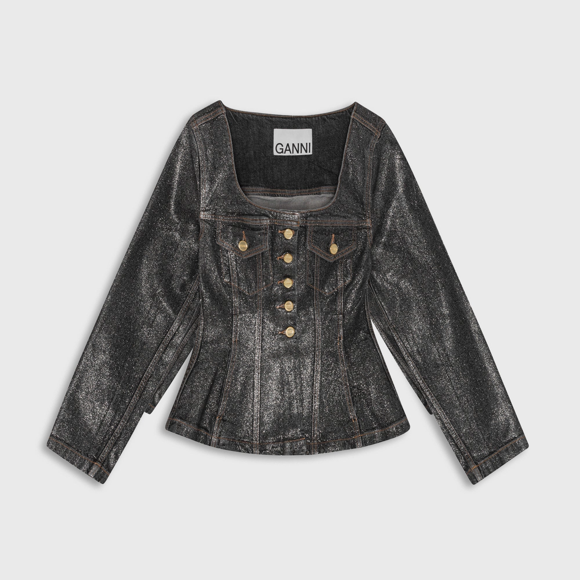 Ganni Shimmery Foil Denim Fitted Blazer - Washed Black Comfortable lining
