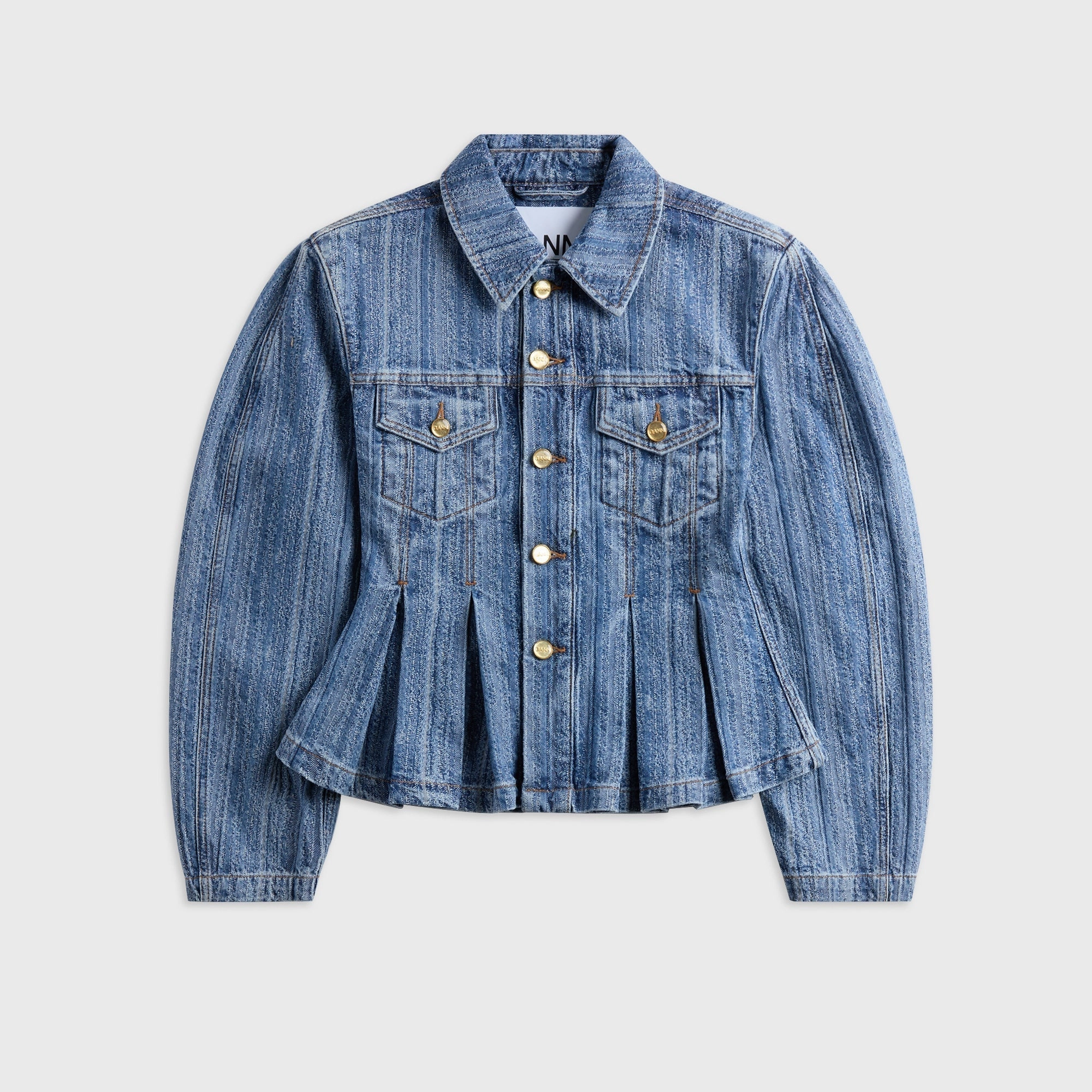 Ganni Structured Denim Fitted Jacket - Mid Blue Stone Winter Outerwear