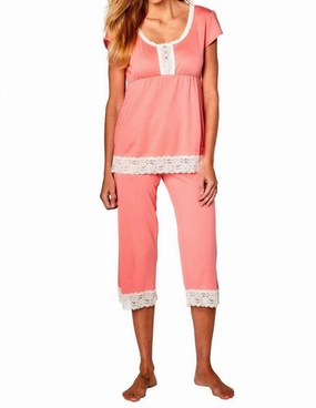 Sophie Trends Short Sleeve Top Cropped Pant Pj Set In Coral Relaxed fit style Flexible Stretch Fabric
