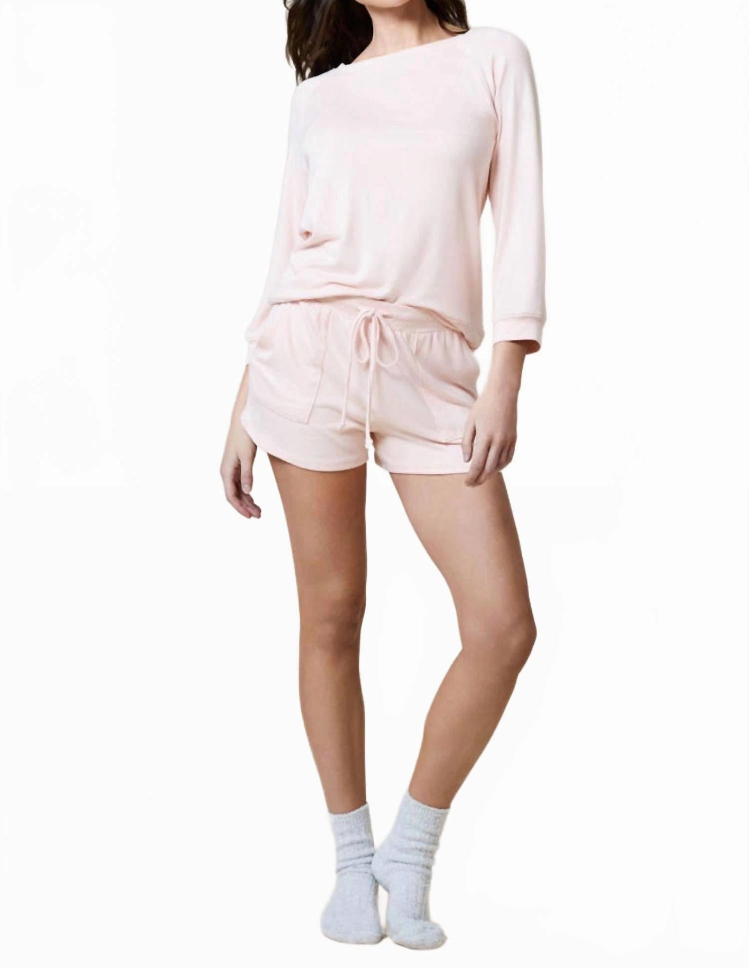 WrinkleResistant Fabric Dream Three Quarter Sleeve Boat Neck Top & Short Set In Apricot