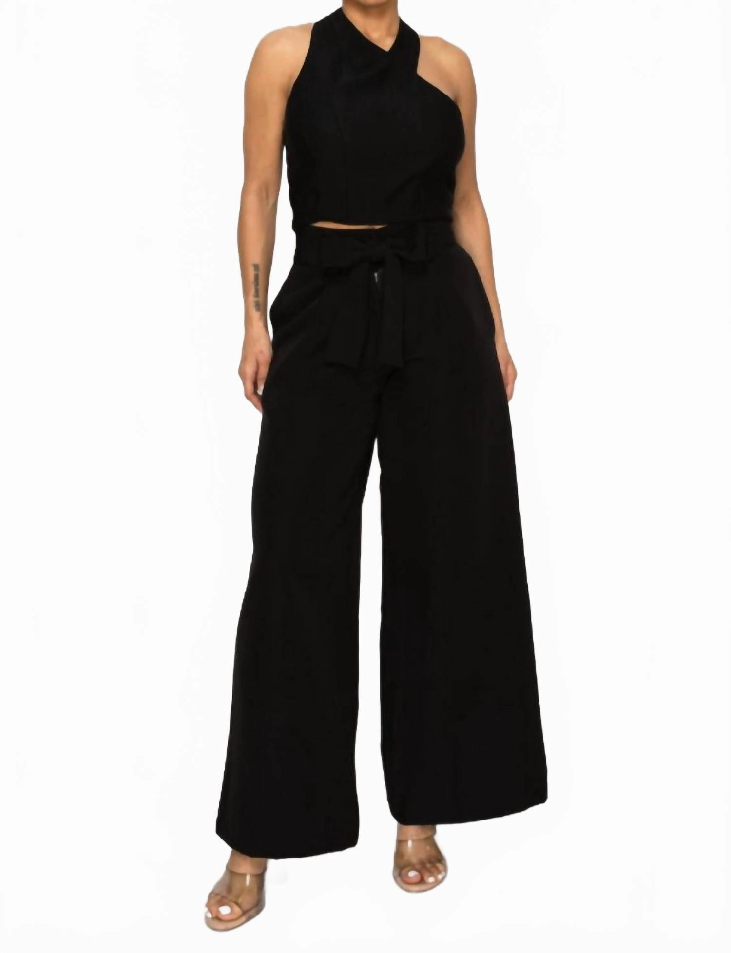 Dressy & Casual High Waisted Palazzo Belted Pants & Halter Cropped Top Set In Black Stretch Elastic Waistband