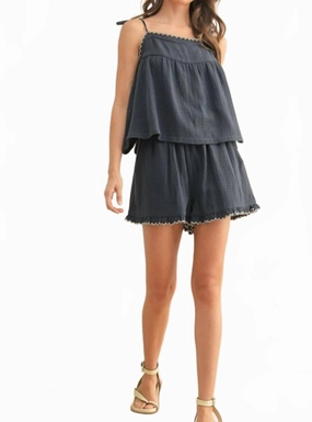 Gauze Tank Top And Short Set In Navy Wide Ribbed Hem Reversible design