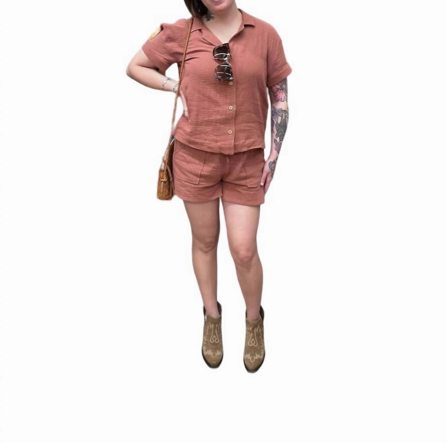 Easy Care Material Gauze Two Piece Shorts Set In Terra Cotta