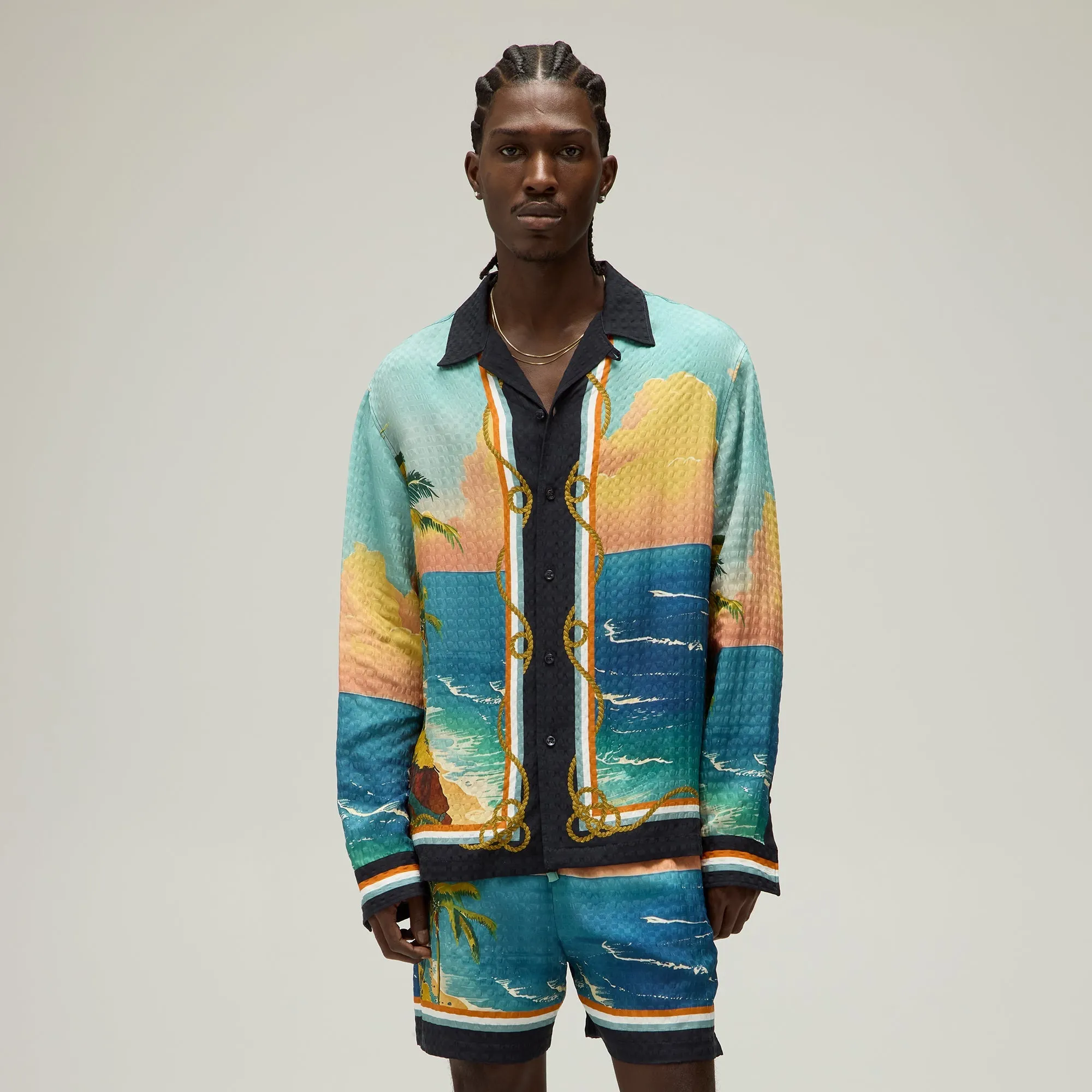 Vibrant Hue Giorgio Armani & Kith Ornamental Print Long Sleeve Thompson Camp Collar Shirt - Multi