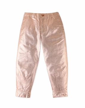 Girl's Balloon Fit Twill Pants In Bronze Lame Travel-Ready Tapered leg