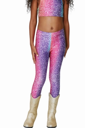 Slip Resistant Girl's Hi Shine Leggings In Rainbow Glitter Foil