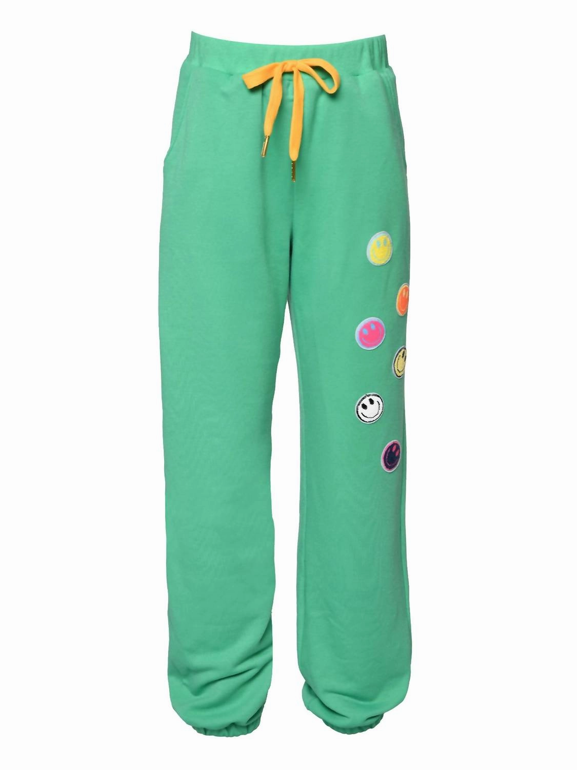 Girl's Sequin Happy Applique Jogger Pants In Green High Rise Design Office Wear