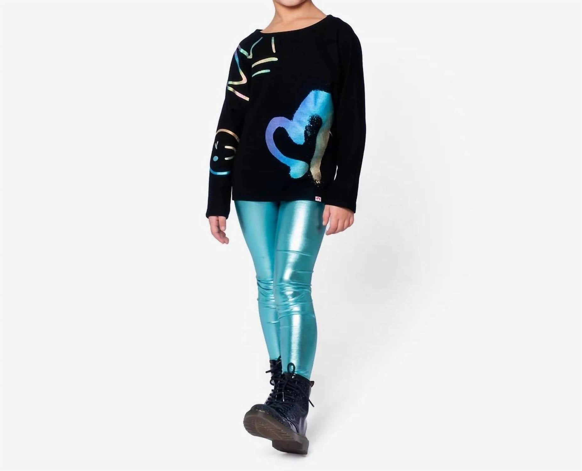 Sweat Wicking Lining NoBuckleDesign Girls Metallic Leggings In Metallic Aqua