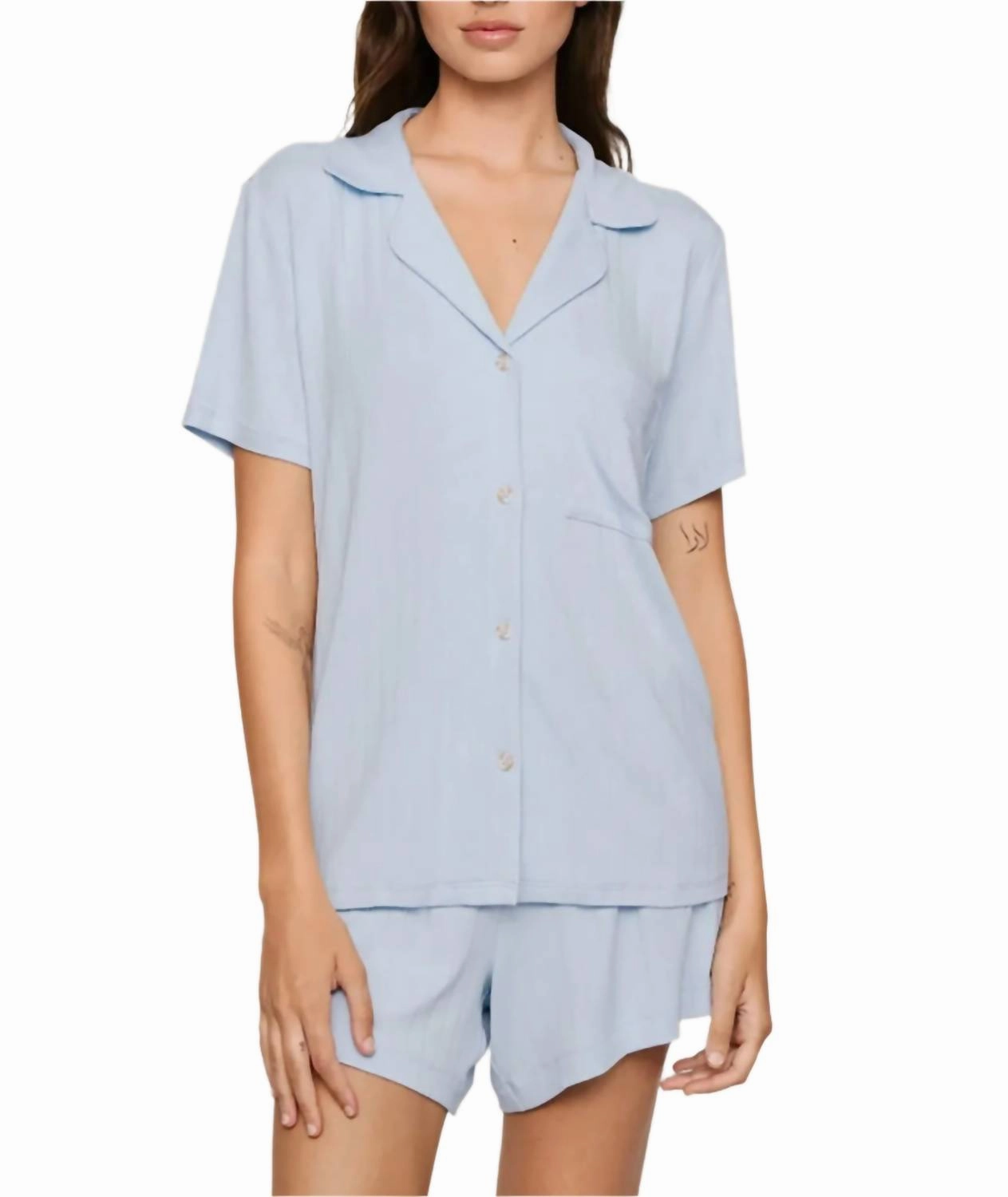 Ribbed Collar Design Gisele Rib Relaxed Short Pajama Set In Nantucket Breeze