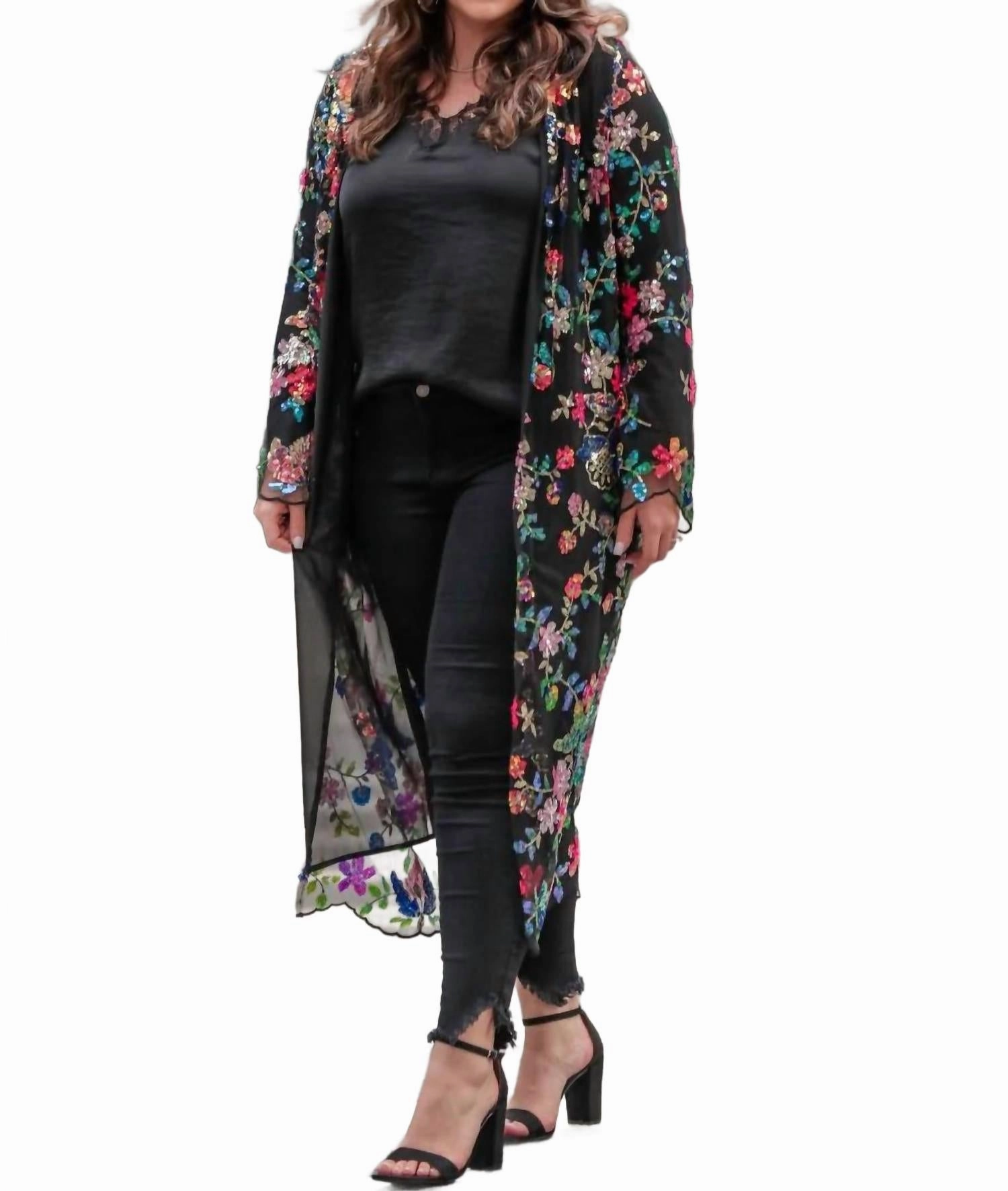 Kangaroo Pocket Glamorous Floral Sequin Kimono In Black