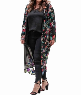 Kangaroo Pocket Glamorous Floral Sequin Kimono In Black