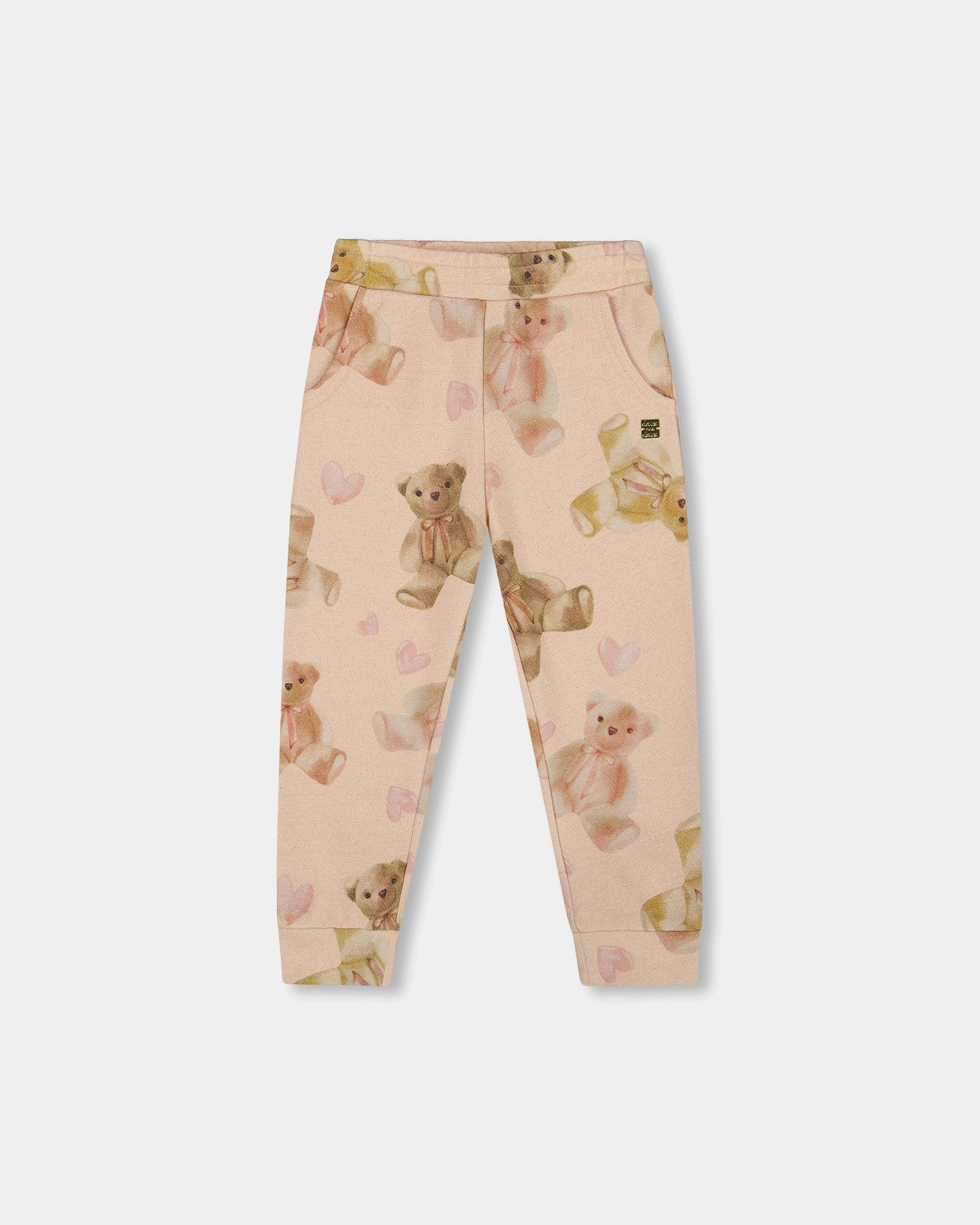 Comfy Look Glittering French Terry Sweatpants Beige Teddy Bear Print