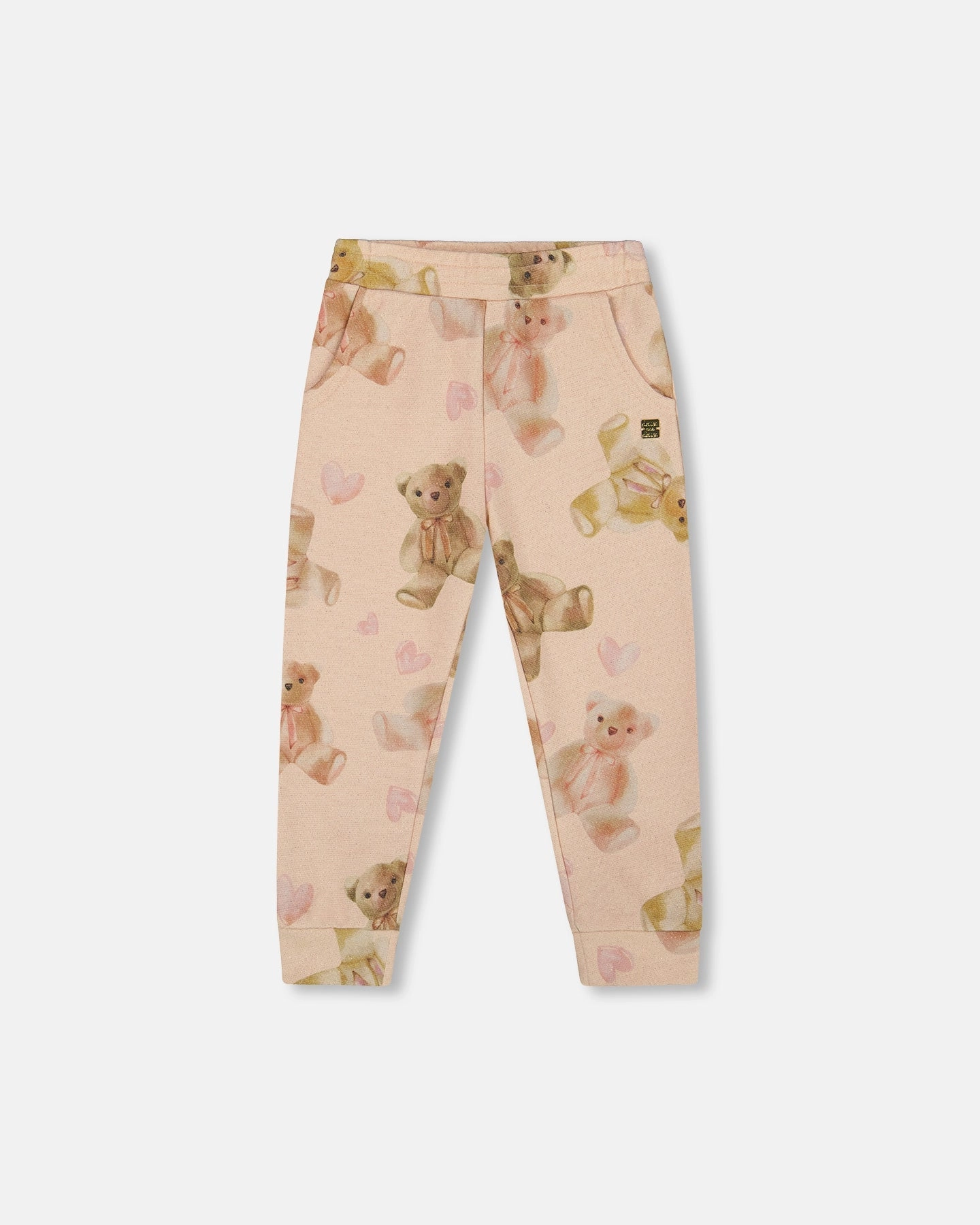 Glittering French Terry Sweatpants Beige Teddy Bear Print Cozy Layering