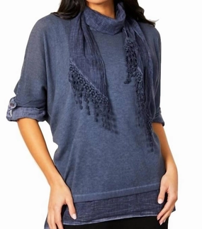 High Breathability Knit 3-Piece Layered Set W/ Scarf In Denim