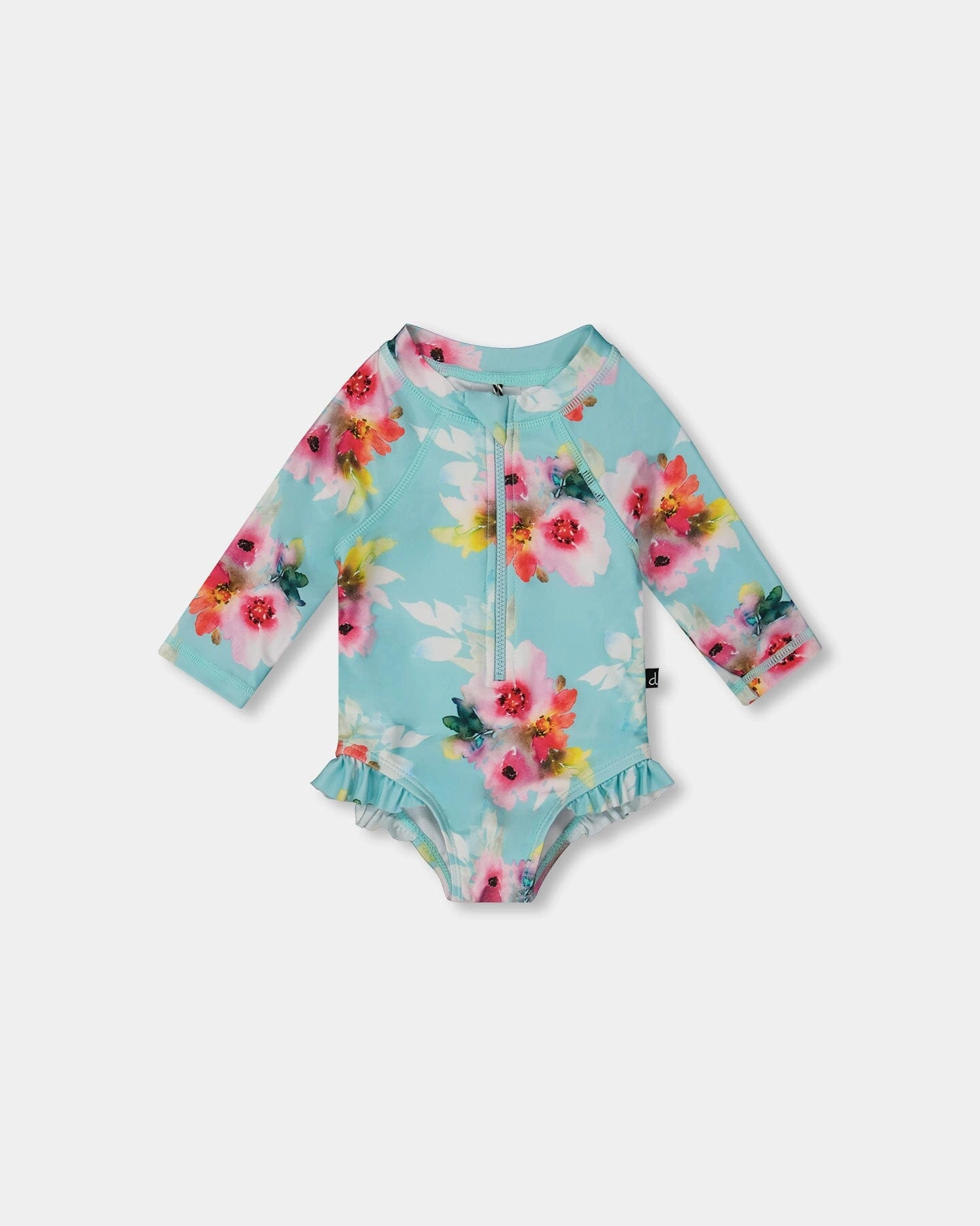 Thermal Regulating Lining adult style Printed One-Piece Rashguard With Frills Turquoise And Pink Flowers