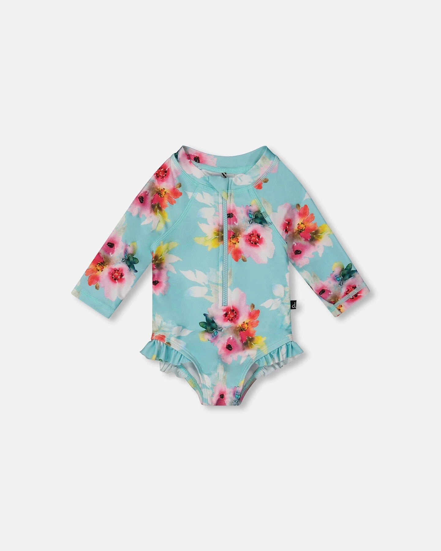 Poolside Life Printed One-Piece Rashguard With Frills Turquoise And Pink Flowers