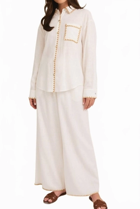Hamptons Linen Shirt And Pants Set In White Flexible Waistband