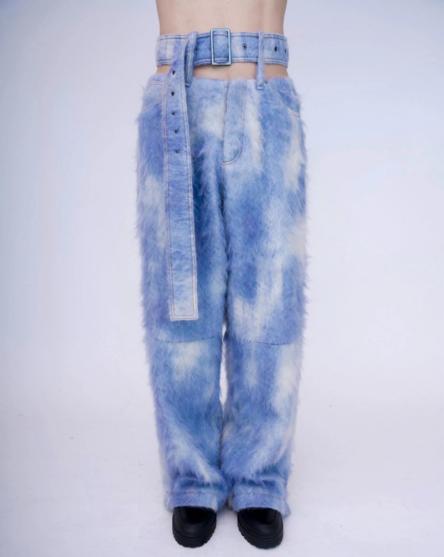 Hand-Painted Fluffy Denim Deconstructed Trousers In Dawn Blue Perfect Match