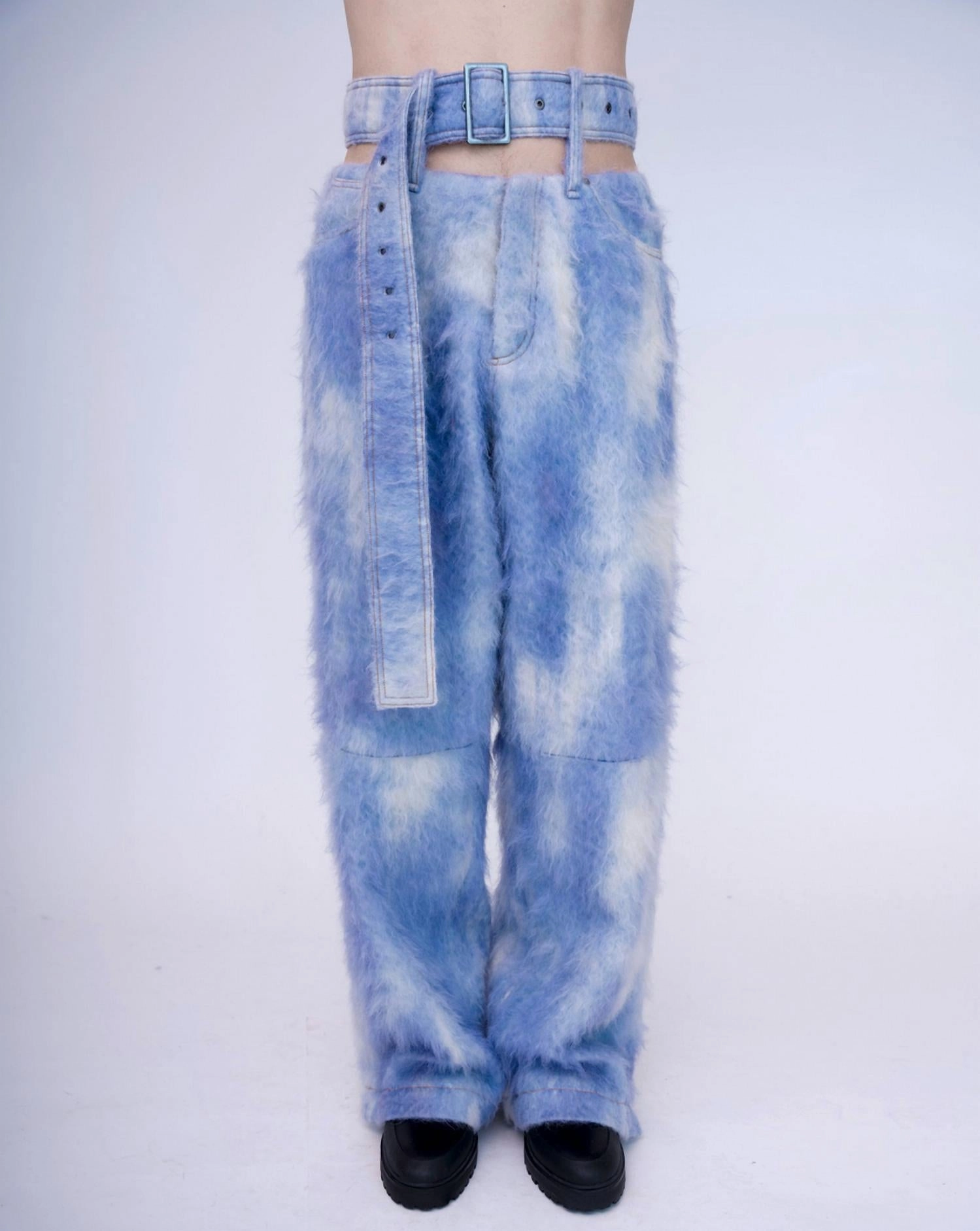 All Around Fit Hand-Painted Fluffy Denim Deconstructed Trousers In Dawn Blue