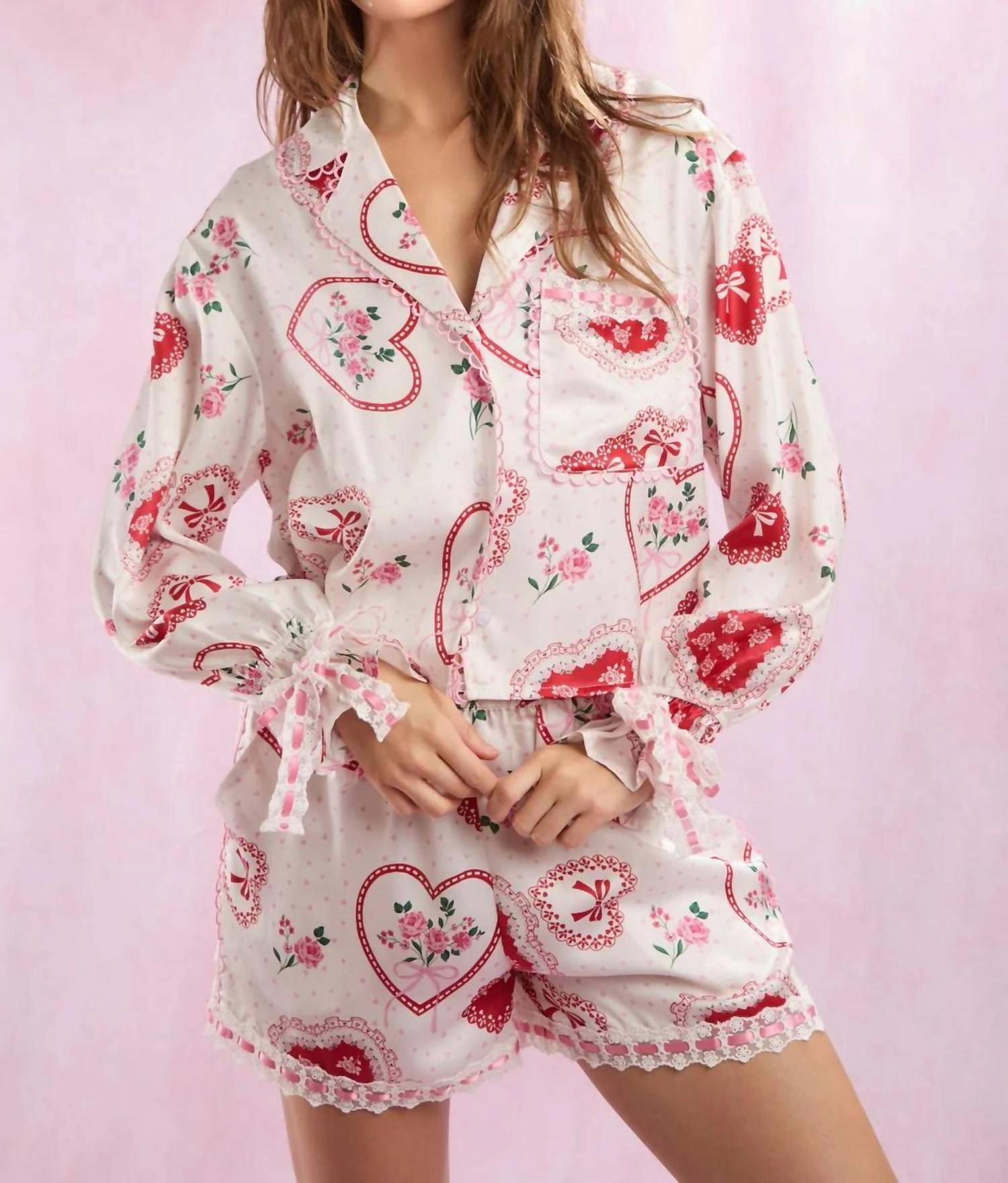 Heart Lace Satin Pajama Set In White/pink Thermal Regulating Material