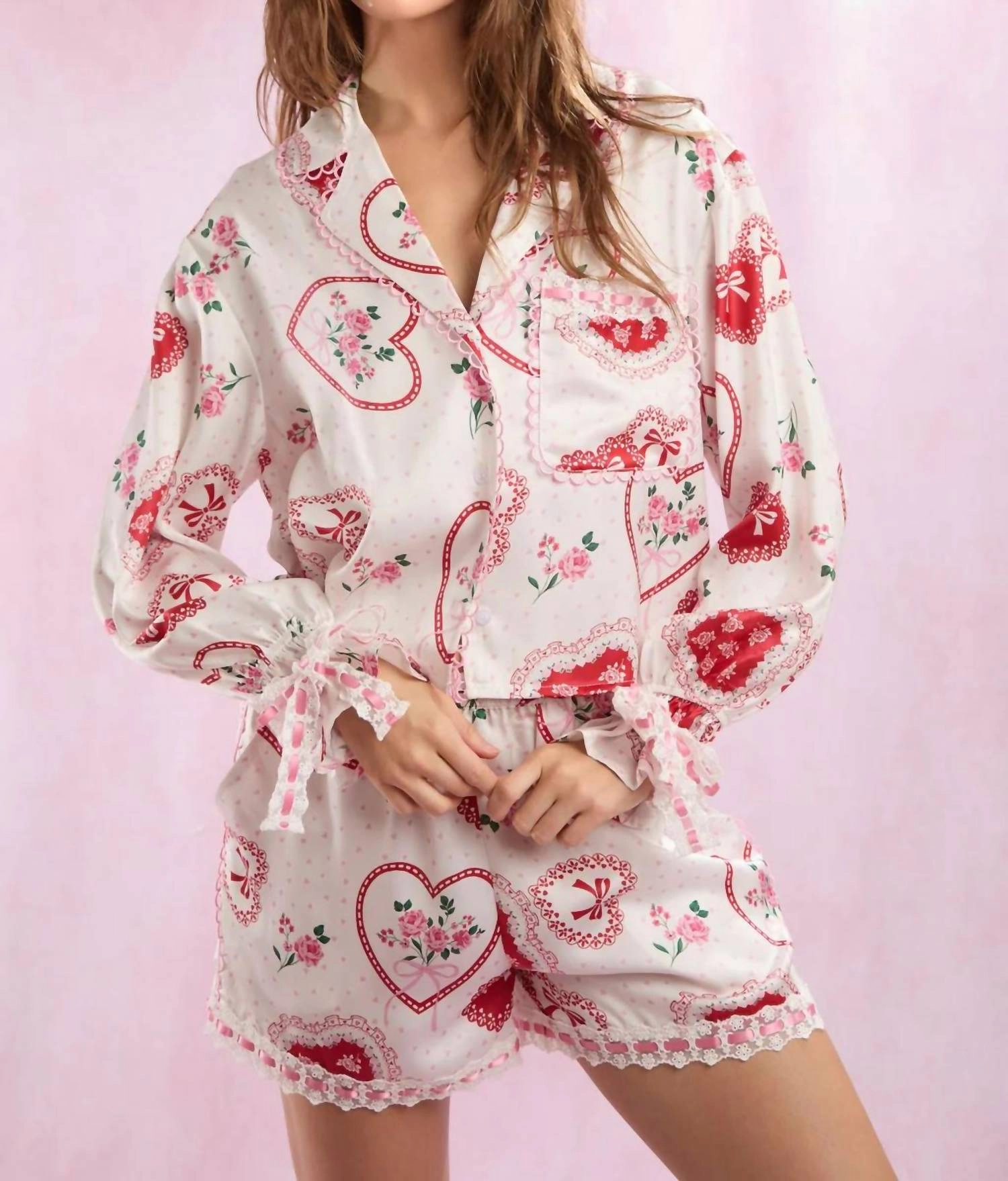 Heart Lace Satin Pajama Set In White/pink Flexible Waistband Adjustable Drawstrings