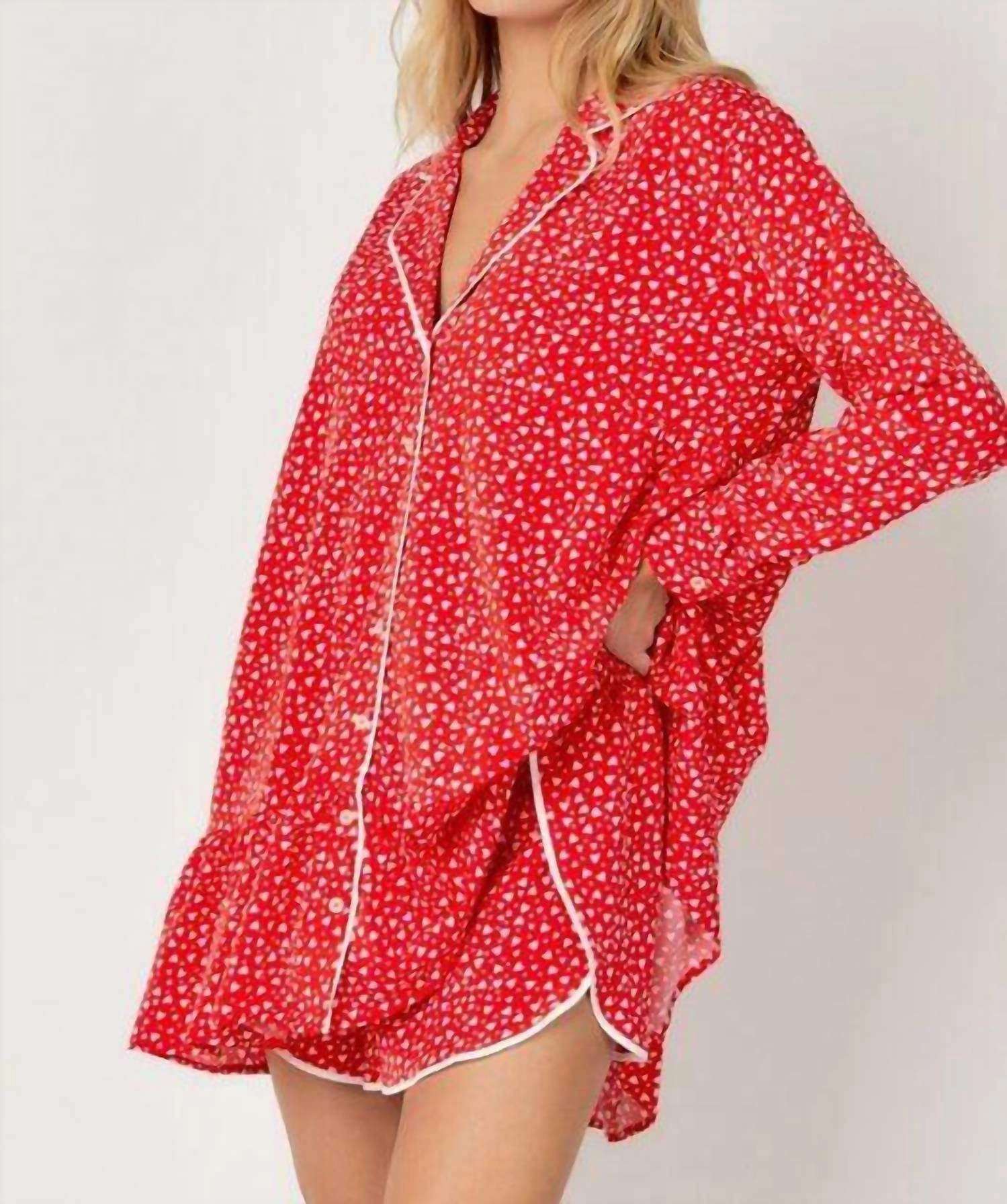 Heart Print Pajama Set In Red Flexible Elastic Seams