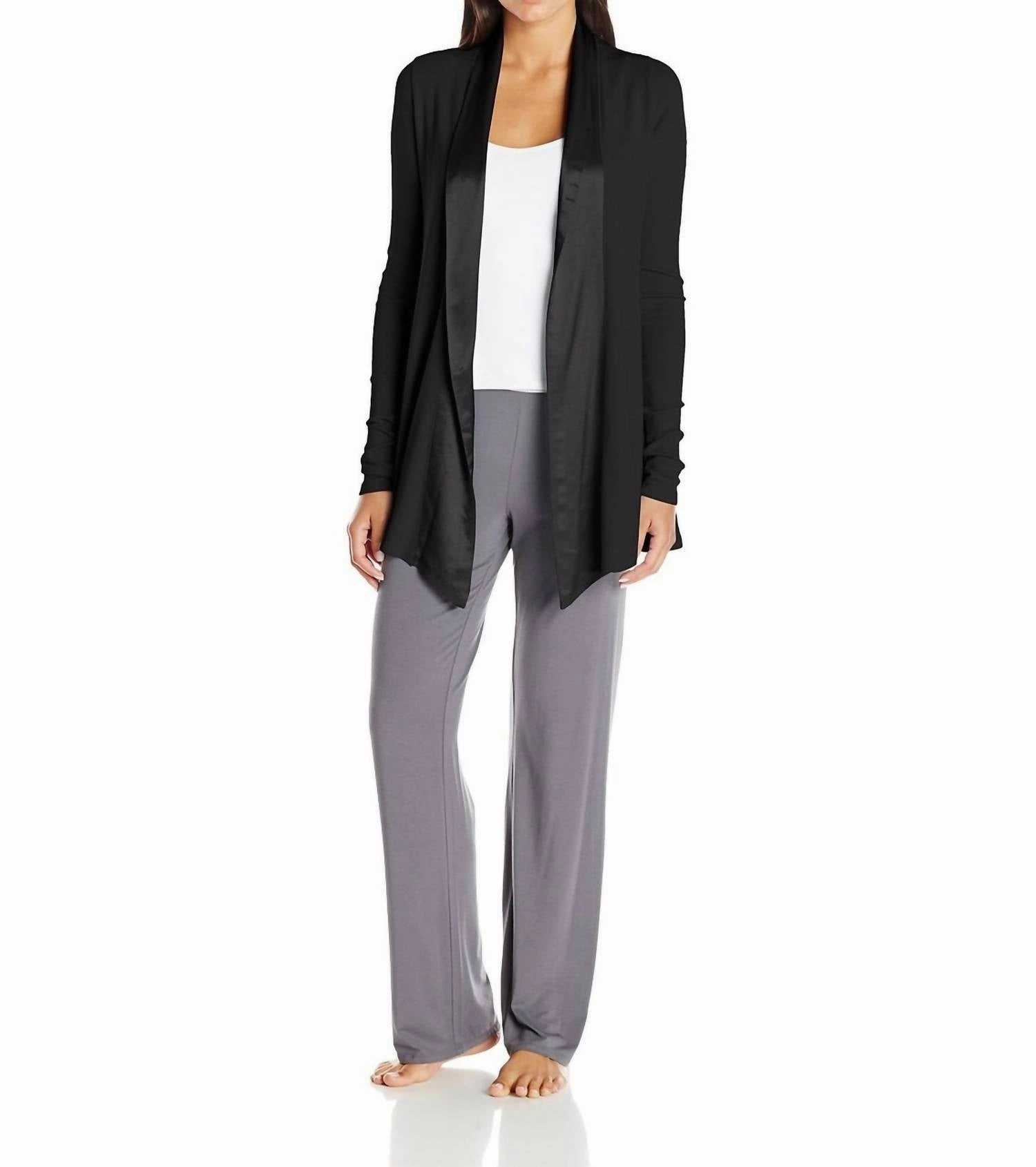 Shelby Satin Trimmed Robe With Pockets In Black Layered Hem Design Odor Resistant Treatment