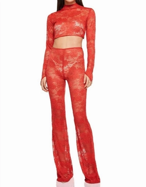 TemperatureRegulating Fabric Versatile Layering Heaven Lace Set Crop Top And Pants In Red
