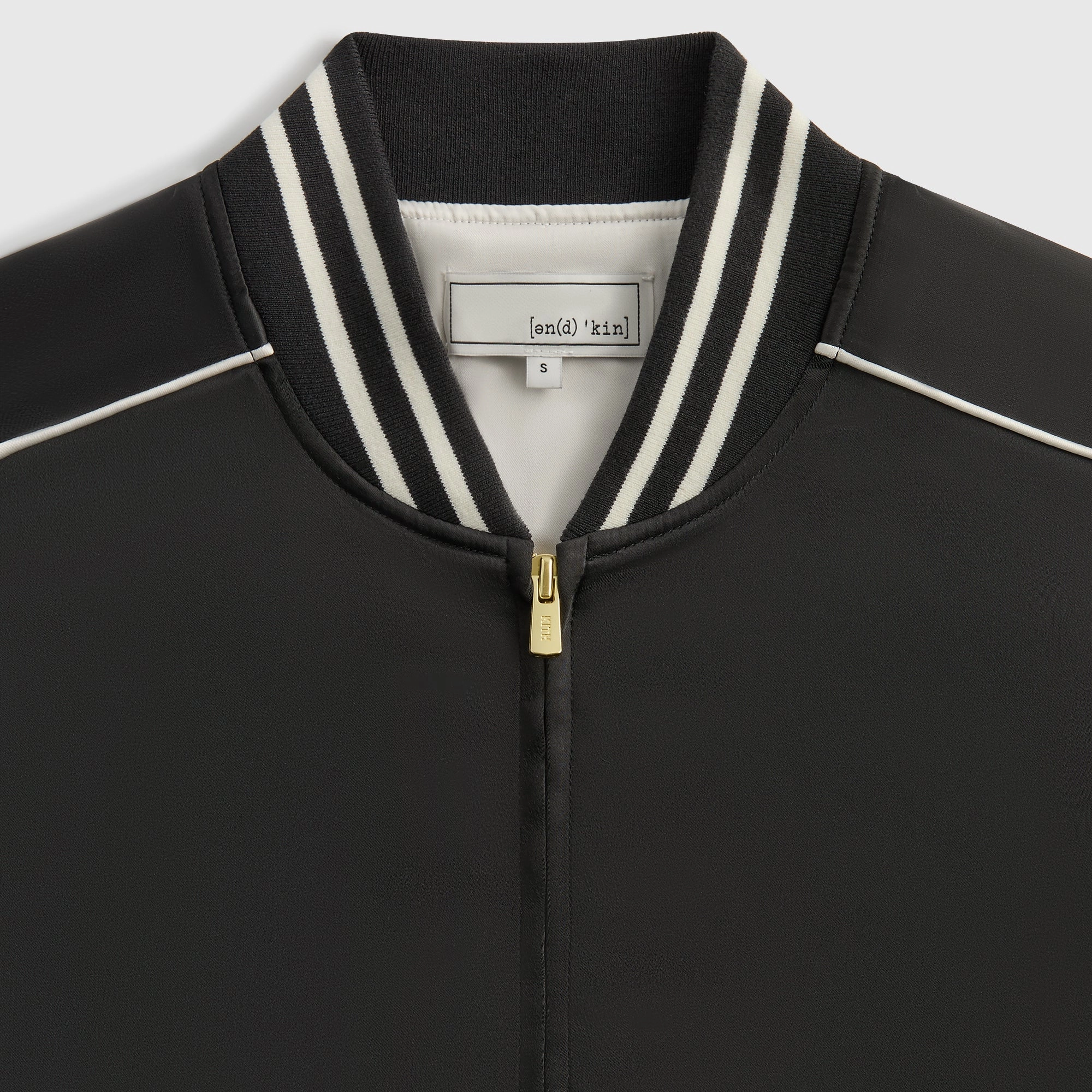 &Kin Vance Satin Bomber Jacket - Black Taped Seams Auxiliary Attachment Points