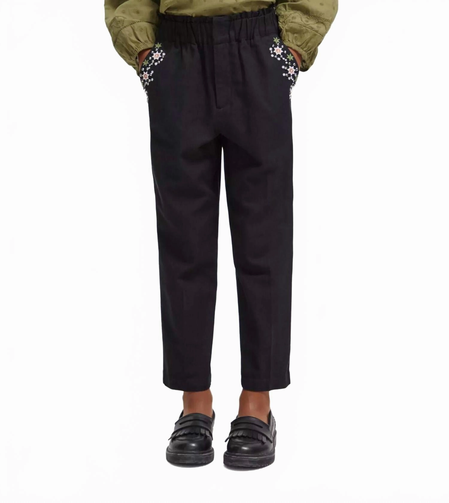 High Rise Embroidered Pants In Black Compact Packability Compression Support Lining