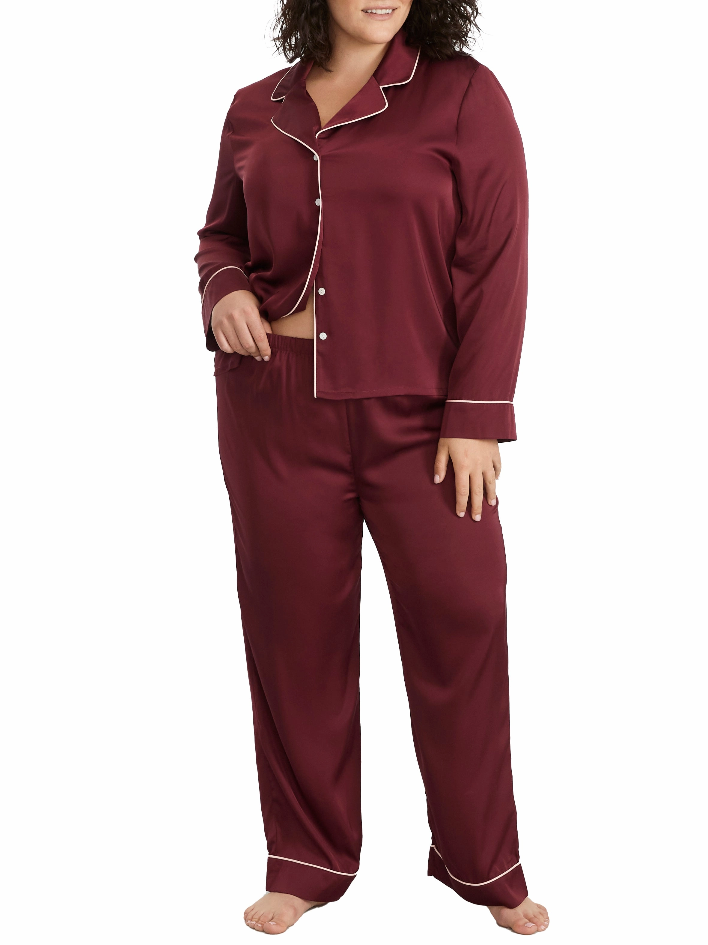 Bare Women's Washed Satin Pajama Set Adjustable Drawcord Hem Fade Resistant Dye