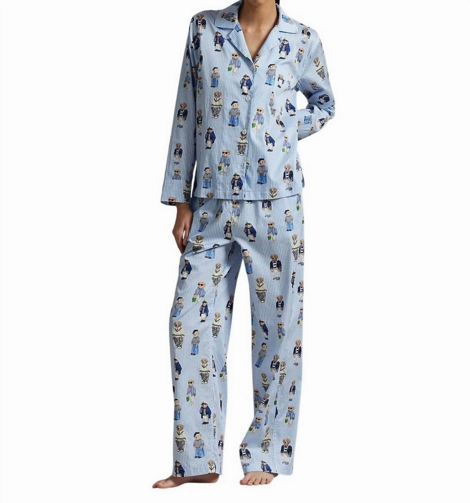 MultiPurpose Loungewear Tagless Design Bear Cotton Long-Sleeve Pajama Set In Oxford Blue