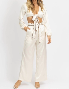 Temperature Regulating Material Layered Hem Details Front Tie Trouser Pant Set In Satin Creme