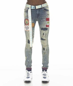 PUNK SUPER SKINNY STRETCH w/BEET RED BELT IN PRIMO Distressed Details
