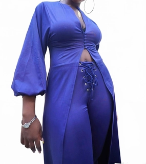 Ify Long Sleeve Duster In Royal Blue Ribbed Collar Design High Rise Fit