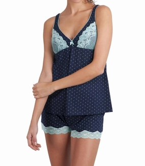 Non Chafe Seams Ivania Spaghetti Strap Camisole And Boxer Pajama Set In Mint Polka Dot