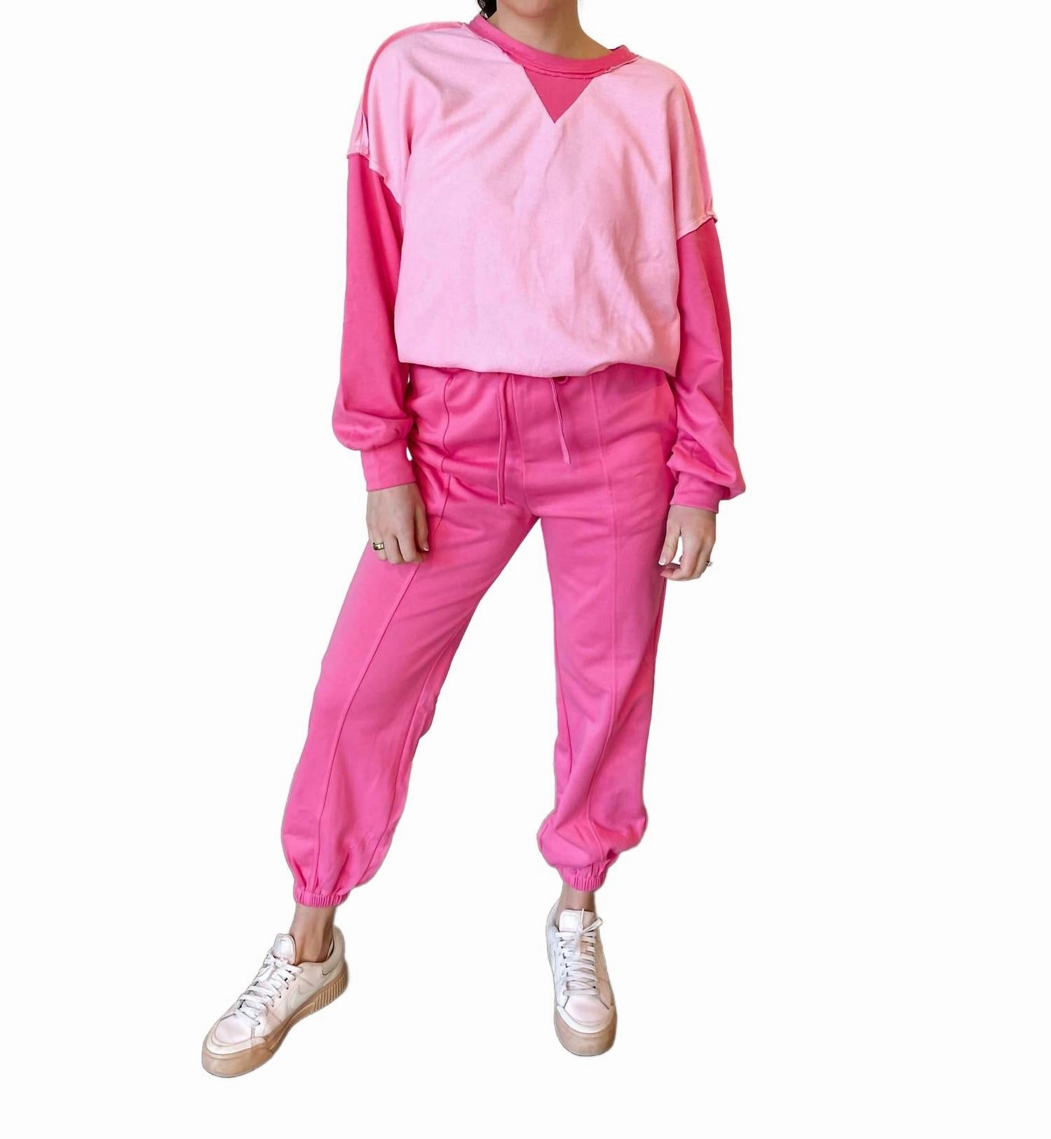 Split hem Minimalist Stitching Ivy Contrast Patchwork Pullover & Jogger Set In Pink