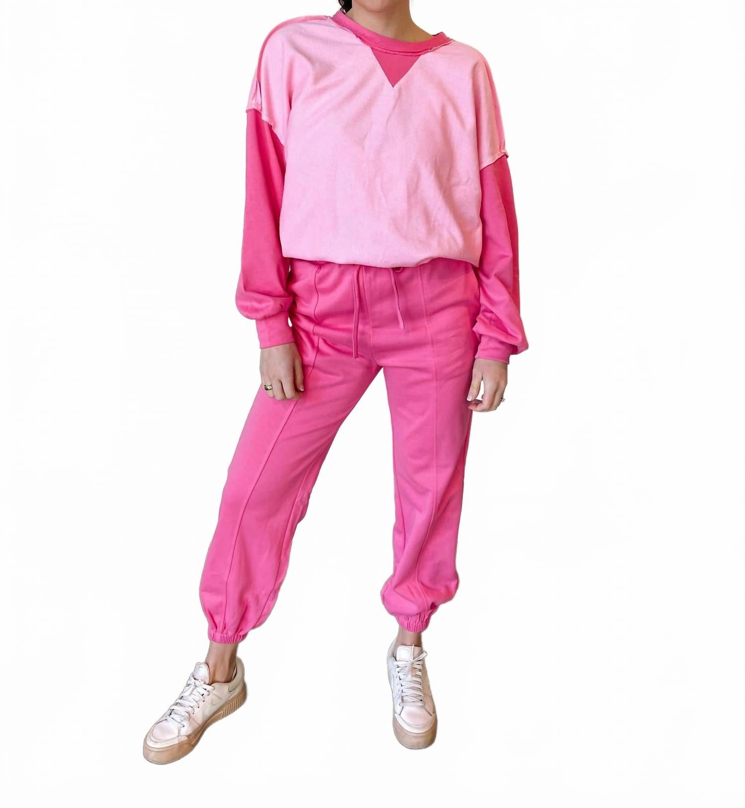 Ivy Contrast Patchwork Pullover & Jogger Set In Pink Abrasion Resistant Edges Reinforced Neckline
