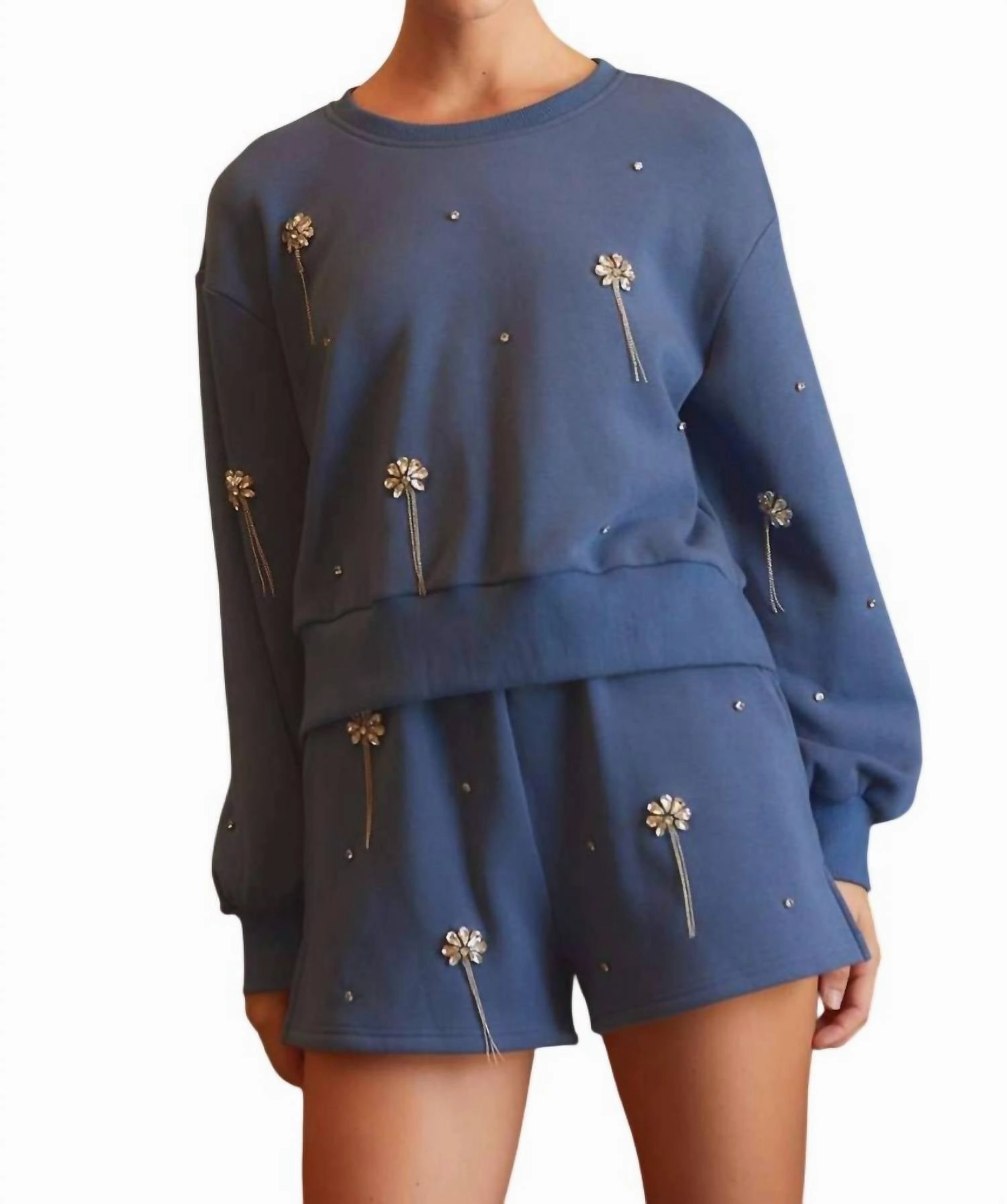 Double Stitched Seams Jaydeen Rhinestone Embellished Sweatshirt Top & Short Set In Mineral Blue