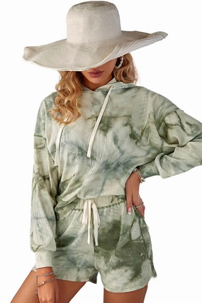 Jessica Waffle Tie Dye Hoodie And Short Set In Olive Lightweight Material