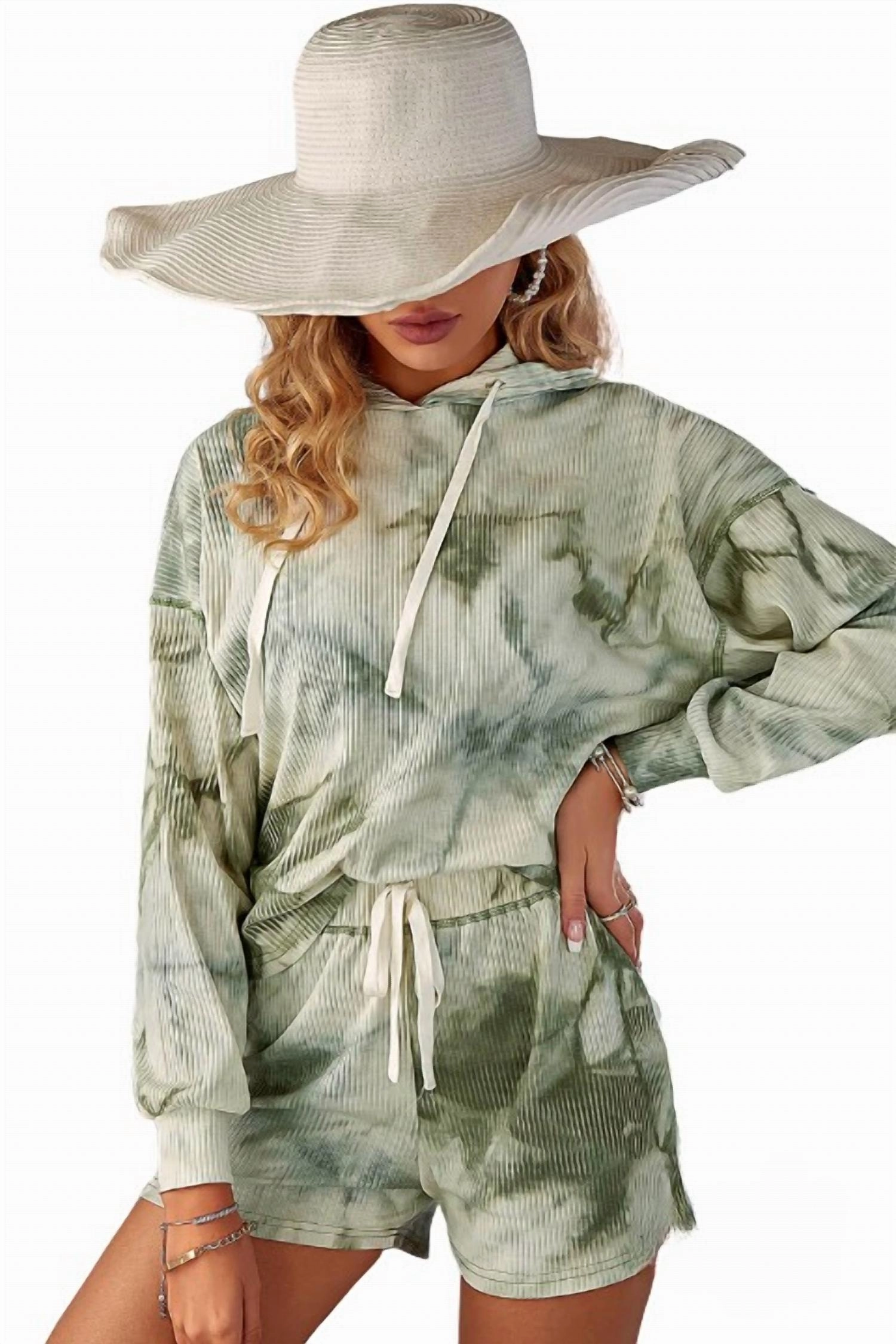 Jessica Waffle Tie Dye Hoodie And Short Set In Olive Lightweight Material