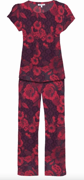 Johnny Was Women Carrie Short Cap Sleeve Crop Set Multicolor Pajama Set Butterfly Hem Detail